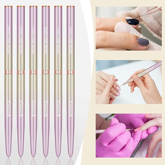6Pcs Nail Art Liner Brushes, Striping Nail Art Brush for Gel Polish Painting, Thin Detail Brush Fine Drawing Art Design Pen Size 5/7/9/11/15/25mm