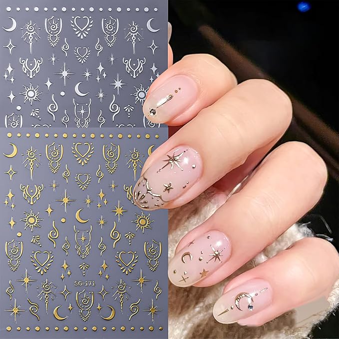 Moon Star Nail Stickers for Nail Art Metallic Sun Totem Nail Decals Holographic Laser Gold Silver Nail Stickers Sun Stars Moon Heart Boho Nail Art Designs Decals for Women Manicure 8 Sheets…