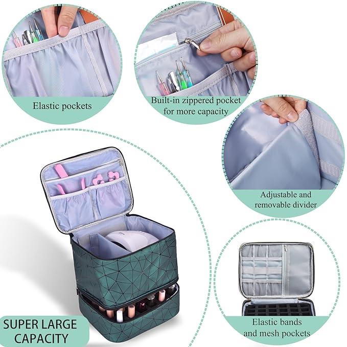 PU Leather Nail Polish Organizer, Double Layer Nail Polish Storage Holds 30 Bottles (15ml/0.5fl.oz) & Nail Lamp, Portable Nail Bag Organizer Case for Nail Tech Travel & Manicure Kit