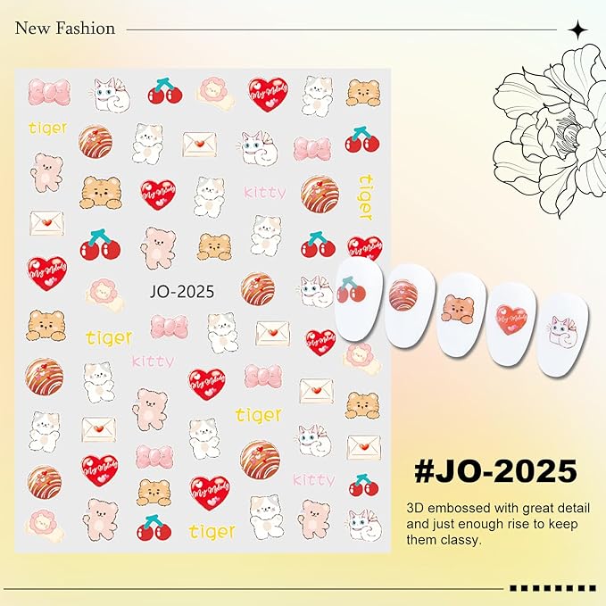 12 Sheet Cartoon Nail Sticker for Nails Art 3D Embossed Self-Adhesive Cute Bear Flower Bunny Duck Fruit Nail Decal Design Supplies for Women DIY Manicure Art Decoration YX1244
