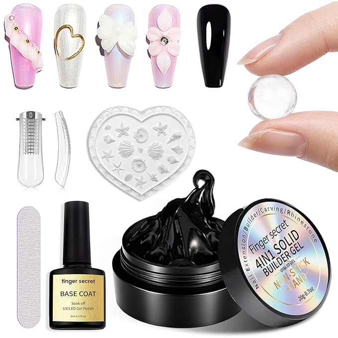 3D Gel Nail Art Kit-Black Solid Builder Gel for Nails 3D Sculpting Carving Building Modeling Hard Extension for Beginner DIY Salon at Home Cured Needed