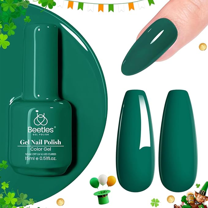 Beetles Green Gel Nail Polish 1 Pcs 15ml Emerald Green Gel Polish Soak Off Uv LED Spring Nails Lamp Needed St Patricks Day Nails Art Manicure Salon DIY Home 0.51Oz Gift for Women