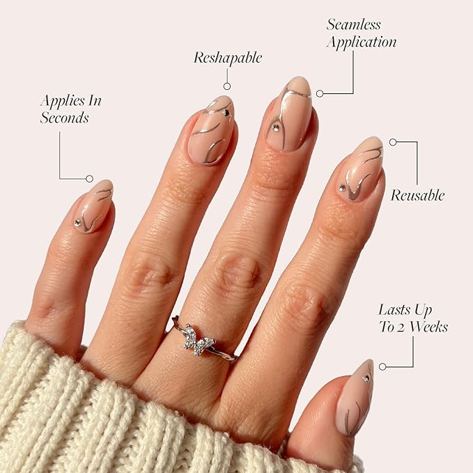 Glamnetic Press On Nails - Astro Fake Nails | Semi-Transparent 3D Metallic Silver Swirl Short Almond Fake Nails in a Glossy Finish | 15 Sizes - 30 Nail Kit with Glue