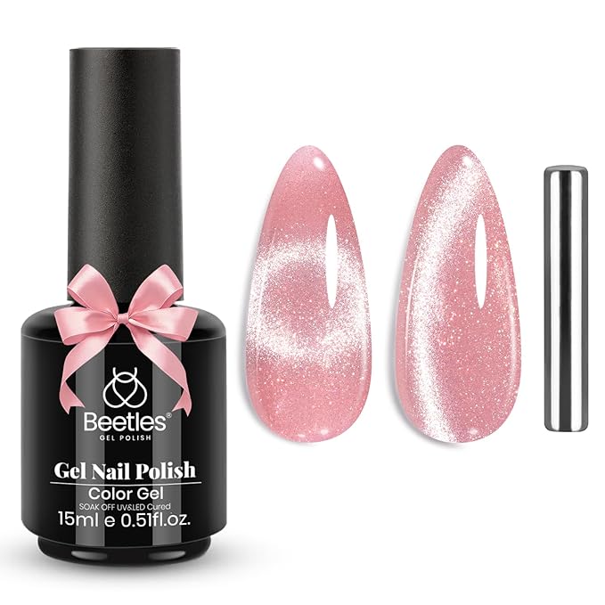 Beetles Pink Cat Eye Gel Nail Polish - 15ML Valentines Gel Polish Light Pink Cat Eye Shimmer Glitter Gel Polish with Magnet Soak Off UV Spring Encounter Nail Art Design Manicure Gifts for Women