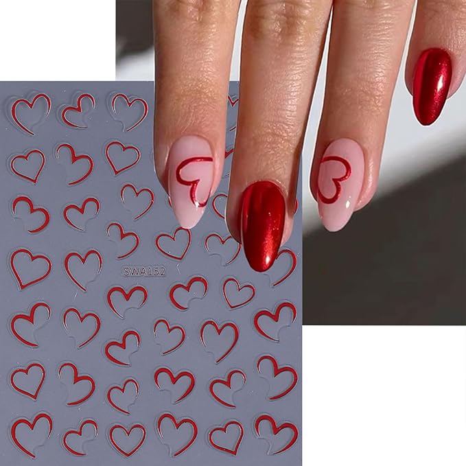 4 Sheets Valentines Nail Stickers for Nail Art 3D Self-Adhesive Gold Silvery Heart Nail Art Stickers Rose Red Holiday Nail Decals Romantic Heart Line Nail Art Supplies Design for Women Girls