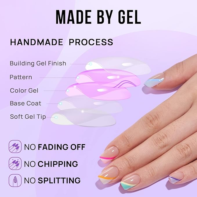 BTArtbox Short Press On Nails - Soft Gel French Tip Press On Nails, Supremely Fit & Natural Square Glue On Nails with Nail Glue, Reusable Stick On Nails in 15 Sizes, Pastel Curves