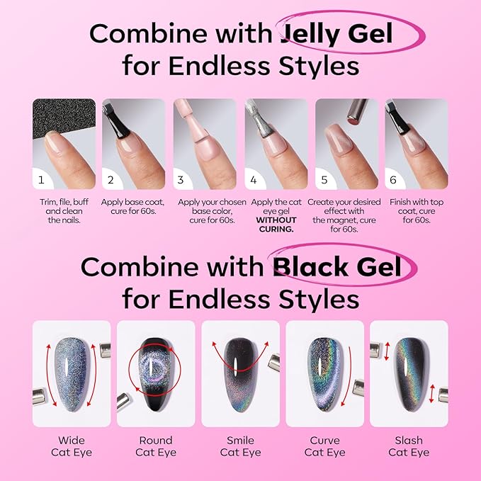 modelones Cat Eye Gel Nail Polish Pink Glitter Holographic Hot Pink Cat Eye Neon Shimmer Reflective Translucent U v Gel Magnetic Nail Polish Top Coat for Women Valentin 15ML
