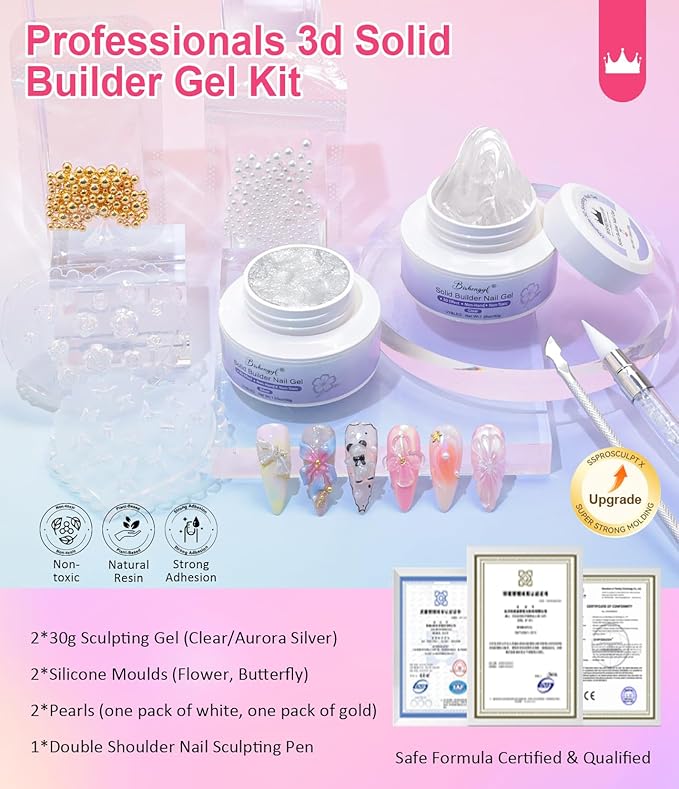 3D Gel Nail Art - Non-Sticky Sculpting Gel for Nails Clear Silver Aurora Solid Builder Nail Hand Carving U V/LED Extension Gels with 3D Mold Art Home DIY