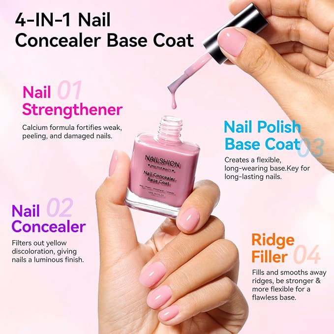 4-IN-1 Illuminating Nail Concealer Base Coat Ridge Filler Sheer Nail Polish & Strengthener for Discolored or Damged Yellowing Nails, Natural Nails Foundation Perfector, 15ml Quick Air Dry