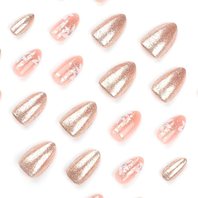 Press on Nails Medium - Almond Fake Nails with Flower Design - Gold Glitter Full Cover Stick on False Nails - for Women 24 Pcs