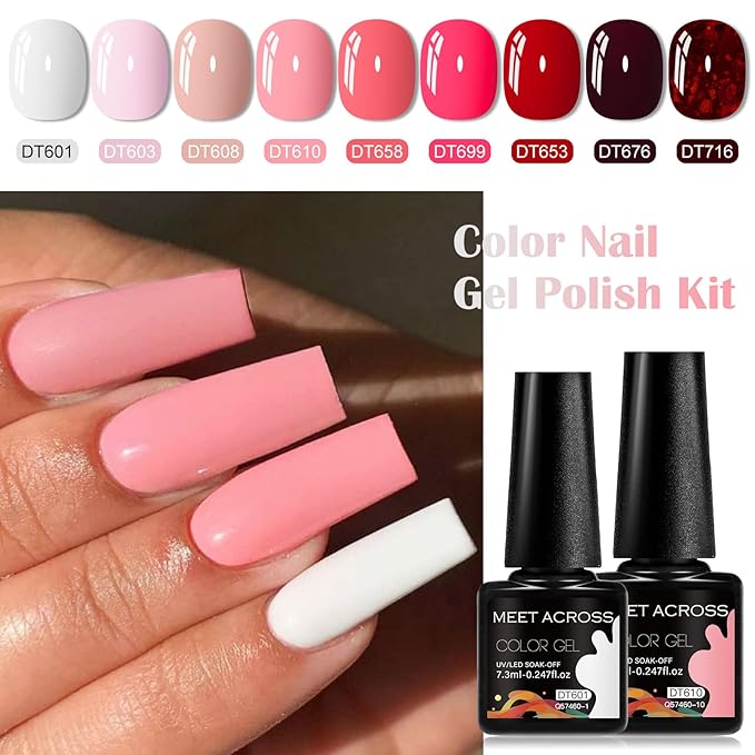 MEET ACROSS 9 Colors Gel Nail Polish + 3PCS Function Gel Nail Polish Kit,Fashion Nail Art Set Design Gifts for Women Manicure Salon (SET19, 12pcs)