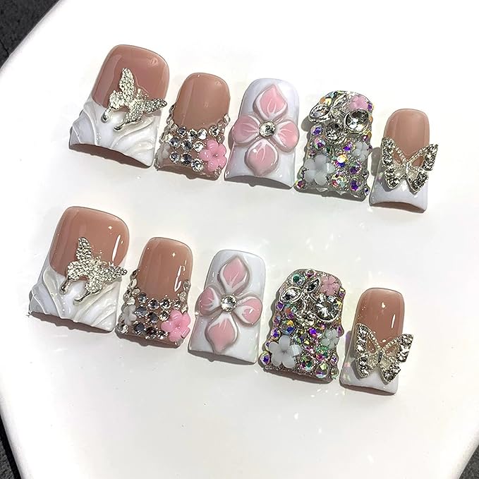 Handmade Press on Nails French Tip Fake Nails with Glue 3D Butterfly Duck False Nails with Designs Acrylic Nails Press Ons Sparkly Artificial Glossy Stick on Nail for Women 10Pcs (Size M)
