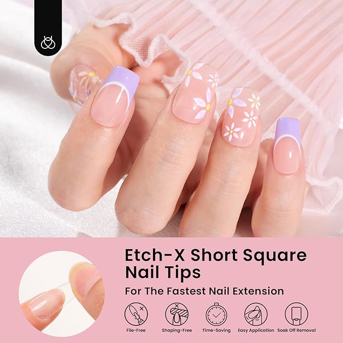 Beetles Gel Nail Tips Etch-X, Square Short, 576Pcs 12 Sizes, Pre-Shaped Half Matte Full Cover Soft Acrylic False Nail Tips Easy DIY Press On Nail Extension Manicure Salon Gift for Women