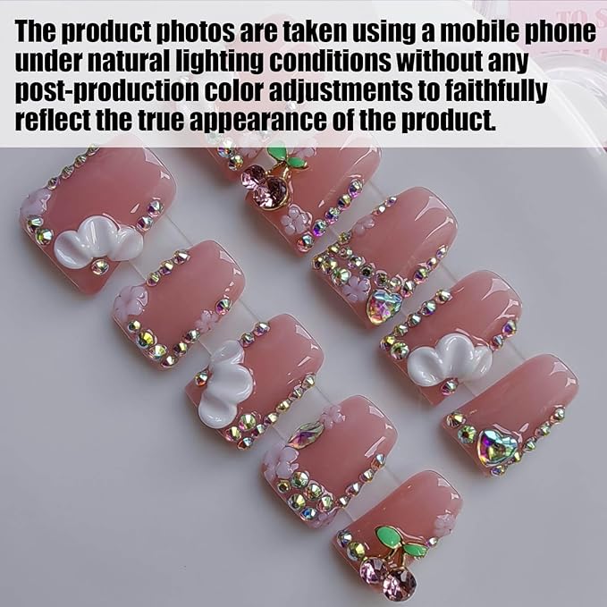 Short Press on Nails Handmade Duck Fake Nails Nude with Rhinestones and 3d Cherry and Flower Design for Women 10pcs M Size Pattern 1103