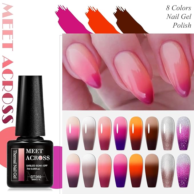 MEET ACROSS Mood Gel Nail Polish Set Temperature Color Changing Gel Colors Collection Red Pink Purple Glitter Brown Gold Gel Polish Soak Off 8 Colors Holiday Gifts Salon DIY at Home