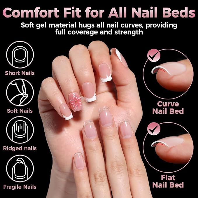 Square Nail Tips: 240Pcs Short Squoval Soft Gel Tips, Pre-Etched Full Cover Gelly Fake Nails, No Filing Needed, Thin Cuticle & Thick Tip Clear Extension System for DIY Home Salon 12 Sizes