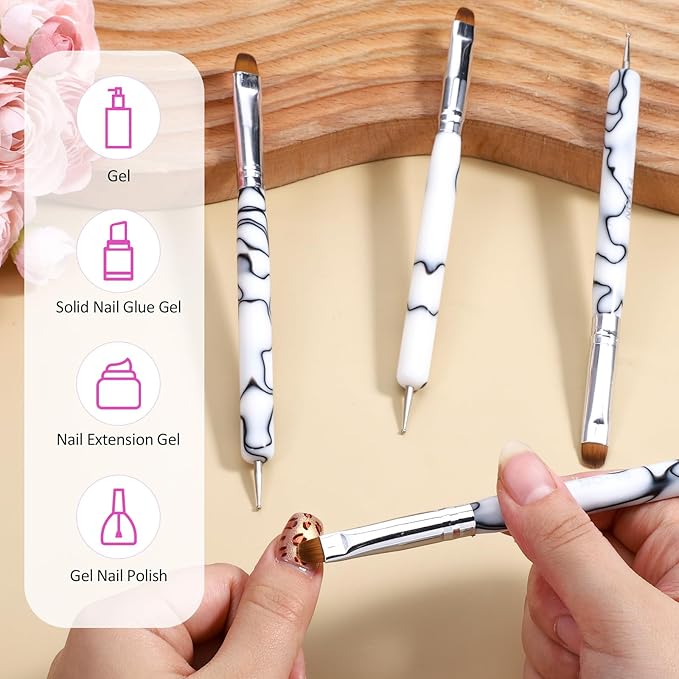 4pcs French Gel Nail Art Brush Acrylic Two Way Nail Art Brush with Dotting Professional Manicure Tool for Manicure Cuticle Clean up Detailed Designs Nails Dotting Pen (10#, 12#, 14#, 16#)