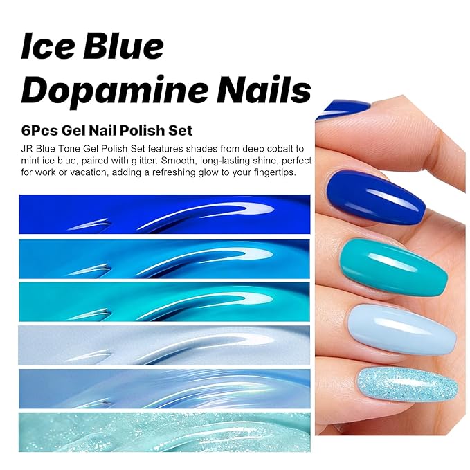 JR Blue Gel Nail Polish Set, 16ml Full Size Bottle 6 Colors Blue 9D Cateye Glitter Nail Gel Polish Gift Soak Off Led Nail Art Kit Salon DIY Colorful Bottle I