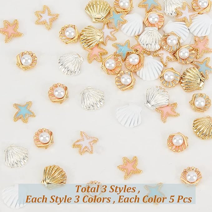 OLYCRAFT 45pcs 9 Style Starfish Shell Resin Fillers Alloy Enamel Cabochons Ocean Nail Art Decorations Resin Accessories Supplies for Jewelry Making Nail Art Decoration - Gold & Silver & Rose Gold