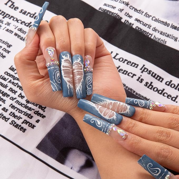 LOVFUL Press on Nails Denim Seraph Blue French Tip | Handmade with Full Covered Crystals | Reusable Fake Nails | Square Mid length 1.7in | H194-S