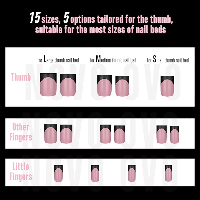 NOVO OVO Short Sharp Square Black French Tip Nail Tips Press on BERRY PINK, Extra Thick NEED Nail Glue Builder Gel Top Coat, Soft Gel Full Cover Fake Flase Nail Extension for DIY x 15 Sizes 240 pcs