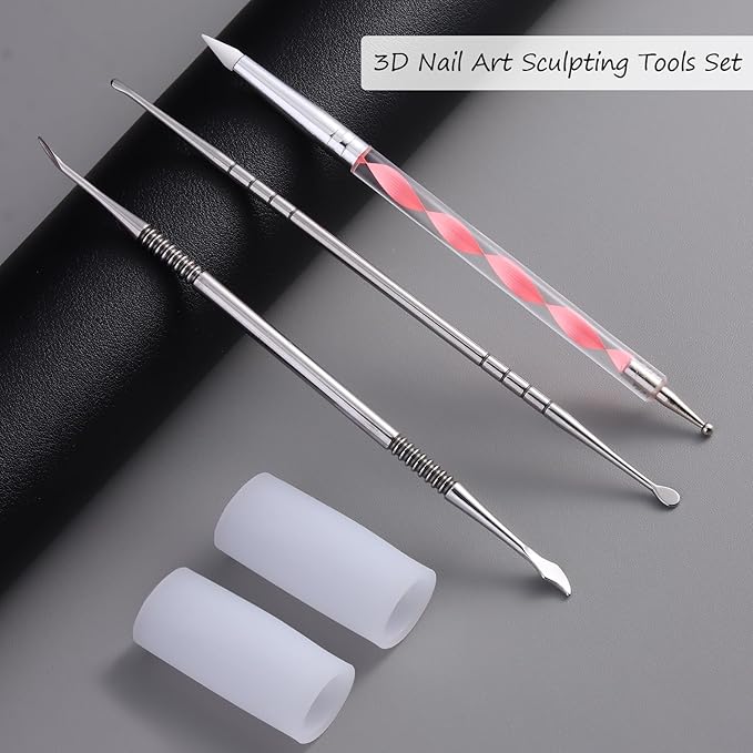 3D Nail Art Sculpting Tools Set, 3 Pack Dual-Head Carving Pens with 2 Silicone Finger Sleeves for Acrylic Gel Flowers Design, DIY Manicure Professional Salon Supplies for Nail Techs