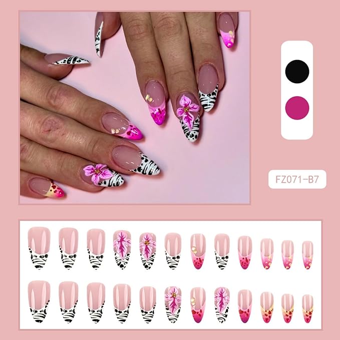 Almond Press on Nails Medium Fake Nails French False Nails Leopard Artificial Nails with 3D Flowers Designs Cute Handmade Nails Flowers Stick on Nails for Women 24pcs
