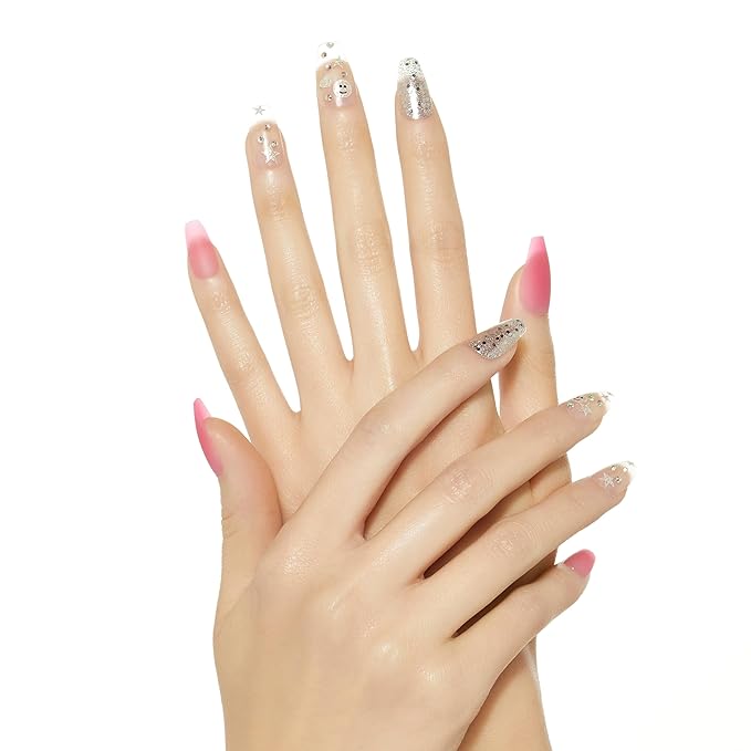 KISS Gel Fantasy Press On Nails, Nail glue included, 'Fun & Jelly', Pink, Medium Size, Coffin Shape, Includes 28 Nails, 2g glue, 1 Manicure Stick, 1 Mini File