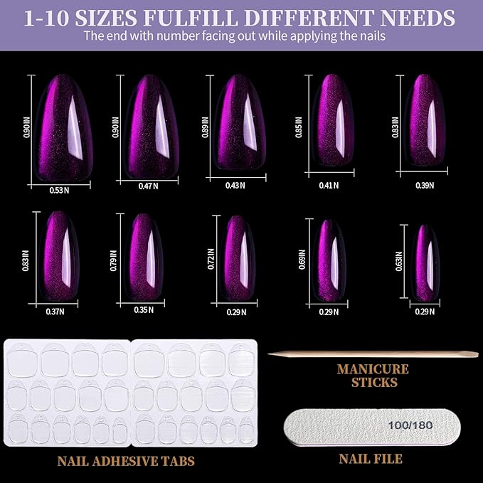 FANDAMEI Press On Nails Almond, 6 Colors Cat Eye Press On Nails, Natural Fake Nails Glossy French Tip, Cat Eye Nails for Women Salon Quality, Christmas Iridescent Chrome Press on Nails Kit