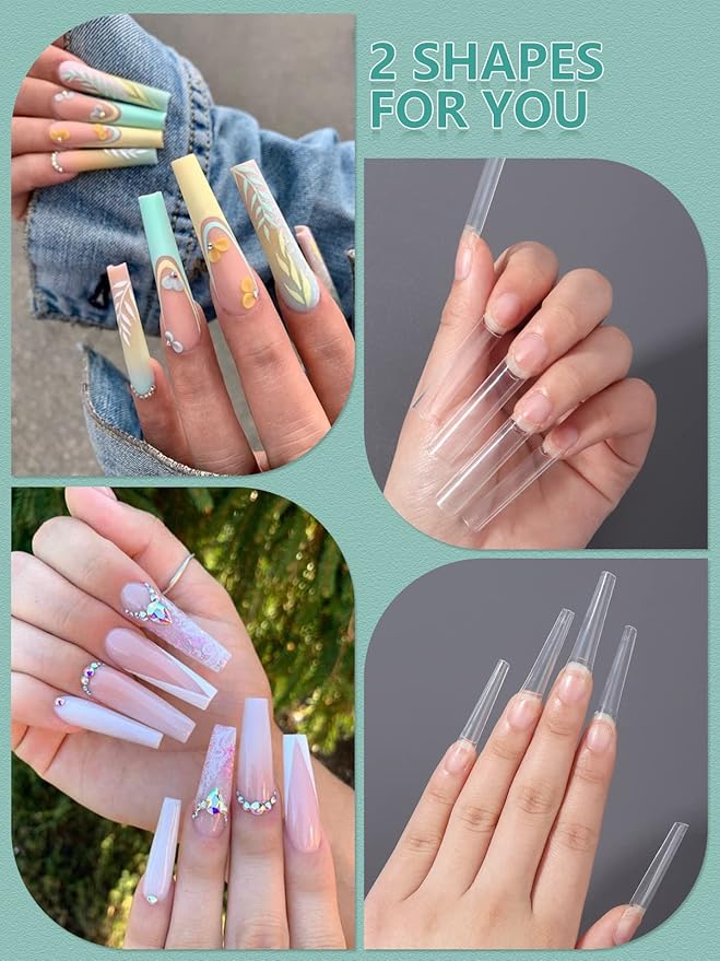 480PCS XL Long Clear Nail Tips, 240PCS Coffin Nails Tips with 240PCS NO C Curve Square Nail Tips for Acrylic Nails Professional, Half Cover Straight Ballerina Nail Extension Tips for Nail Salons Home