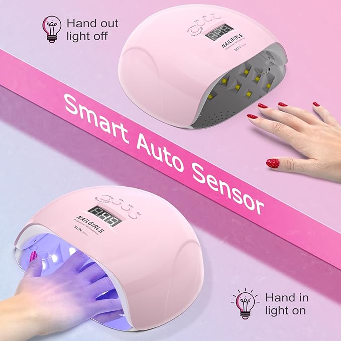 NAILGIRLS UV Nail Lamp 150W for Gel Polish, Professional Fast Curing UV Light for Gel Nails with 36pcs Lamp Beads, 4 Times with LCD Display Auto Sensor, Gift for Women Girl, Pink
