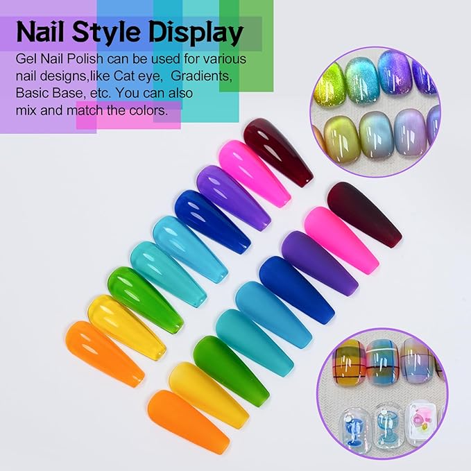 ADHERE Jelly Gel Nail Polish Set 12ML, 9 Transparent Colors Sheer Gel Polish with Blue Green Red Purple and Pink Nail Polish for Nail Salon DIY Home Christmas Holiday Gift Set