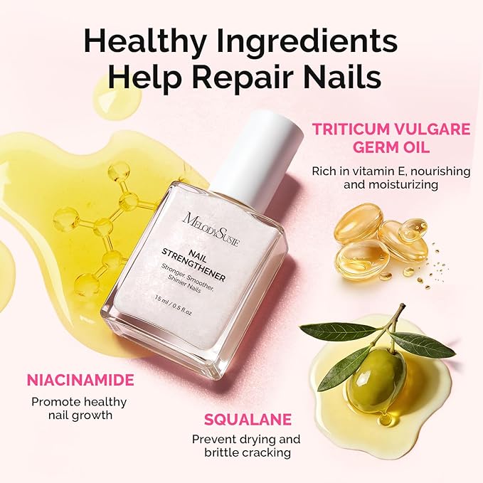MelodySusie Nail Strengthener and Growth Treatment, 2-in-1 Ridge Filling Base Coat & Glossy Concealer Polish for Damaged Nail Repair and Healthy Shine,Gifts for Women 15ml 0.5 Fl Oz Sparkling White
