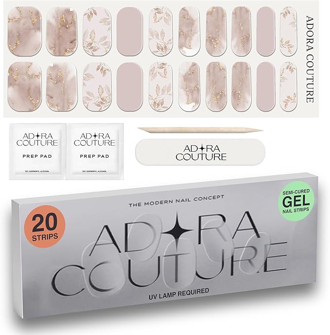 Semi Cured Gel Nail Strips With 20 Pieces - Salon Quality Manicure Kit For Women Easy Application Wraps Includes Prep Pads Nail File Wooden Stick, UV light Required - Mocha Meadow