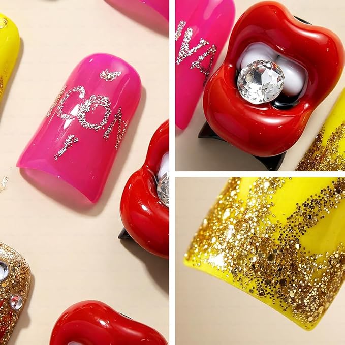 10 Pieces Luxury Acrylic Press On Nails Short Handmade Duck Nails, Pink Thickened False Nails, Rhinestone And 3D Red Lips, Reusable Fake Nails, Acrylic Nails (L)