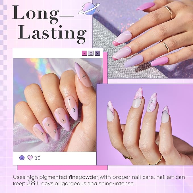 AZUREBEAUTY Dip Powder Nail Kit Starter, Pastel Lavender Pink Glitter, 4 Colors Spring Summer Dipping Powder Set, French Nail Art Base Top Activator Liquid Manicure DIY Salon