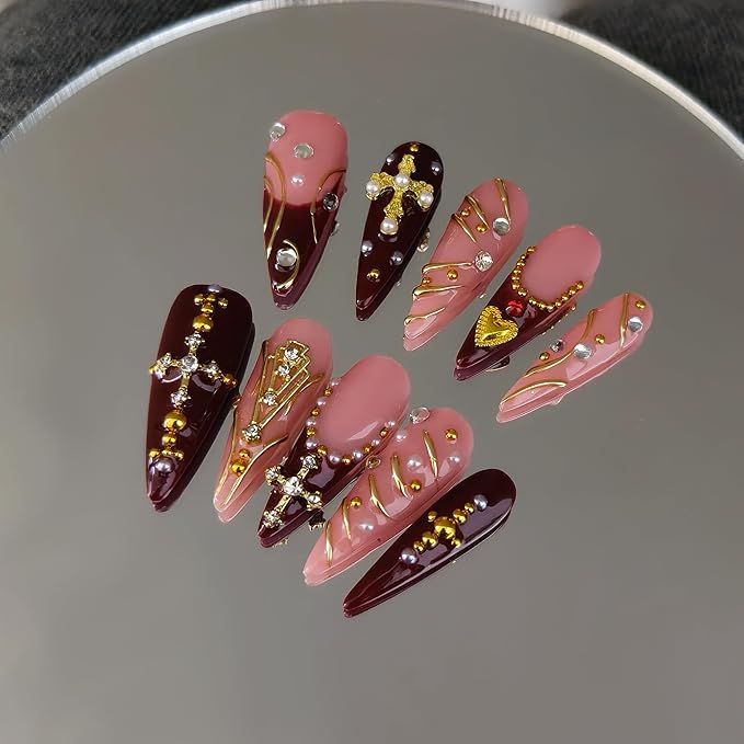 Handmade Press on Nails Long Stiletto - Wine Red French with 3D Cross & Wave Charms | Reusable & Enamel Glossy False Nails | Gothic Classical Style(L)