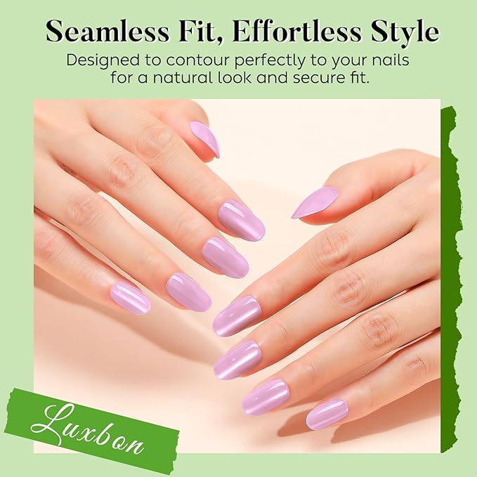 Luxbon Rounded Press On Nails with No-Cure Nail Glue and Tool Kit – Short Stick On Nails Cat Eye Soft Gel Tips 25-30pcs Full Size Set, Reusable Fake Nails for Women, Salon Look at Home, Purple