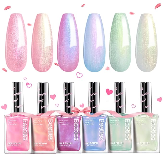 Beetles Pearl Nail Polish Set Mermaid Glow, 6 Colors Shimmer Pearl Pink Purple Quick Dry Nail Polish Long Lasting DIY Manicure Gift for Girls Women Nail Strengthener Polish