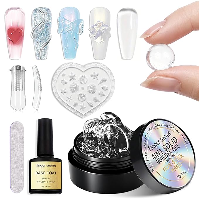 3D Gel Nail Art Kit-Clear Solid Builder Gel for Nails 3D Sculpting Carving Building Modeling Hard Extension for Beginner DIY Salon at Home Cured Needed