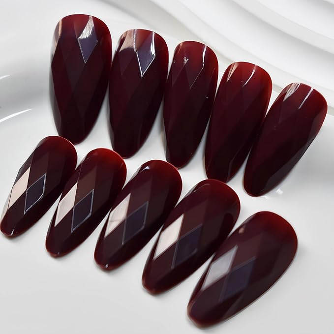 Press on Nails Medium Almond Fake Nails Dark Red Artificial Nail with Diamond Designs Stick on Nail for Women 24pcs