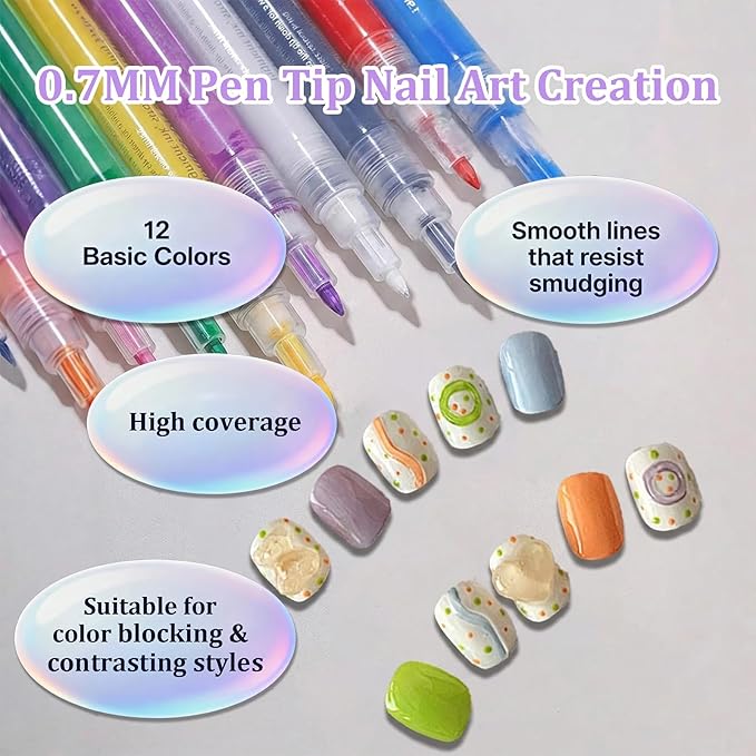 12 Colors Nail Art Pens Set, 0.7MM Quick-dry Nail Art Markers, Multi Purpose Acrylic Paint Pens Kit for Drawing & Home Salon Nail DIY