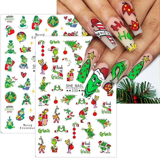 Christmas Nail Art Stickers Funny Cartoon Green Monster Design 3D Self-Adhesive Nail Decals Xmas Tree Santa Claus Acrylic Nail Decor Winter Nail DIY Manicure Accessories for Women