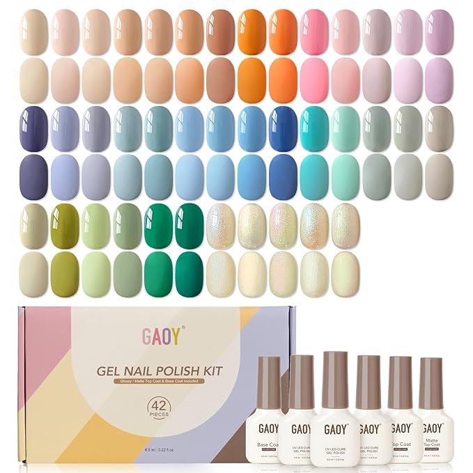 GAOY 42 Pcs Gel Nail Polish Kit, Pastel Pearl Shimmer Colors Spring Summer Gel Nail Polish Set with Glossy & Matte Top Coat and Base Coat for Salon and DIY Manicure at Home