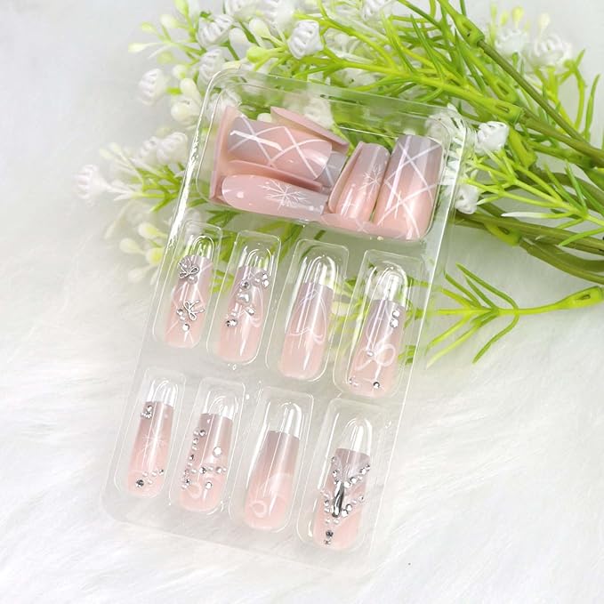 Pink Ombre Press on Nails Square Long White Snowflake Bow Heart Pearls Rhinestones Fake Nails Press ons Winter Cute Handmade Acrylic Full Cover Glossy Glue on Nail for Women 24 Pcs