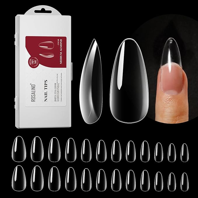 264PCS Clear Medium Almond Nail Tips,ROSALIND Full Cover Clear Fake Nails With Box,12 Size Almond Nail Tips Acrylic False Nail Tips for Nails Extension DIY Nail Art Salon at Home