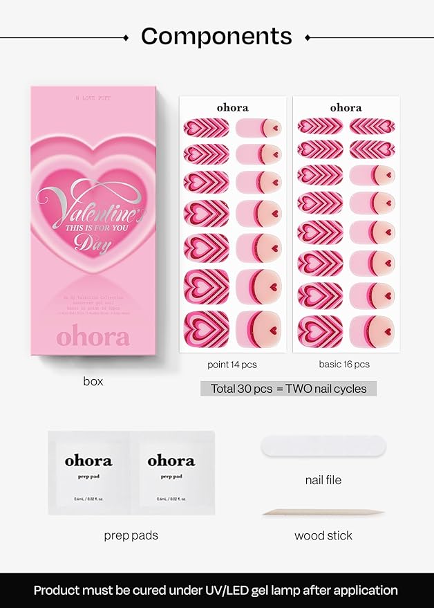 ohora Semi Cured Gel Nail Strips (N Love Puff) - Salon-Quality Valentines Nails, Works with Any Lamps, Long Lasting, Easy to Apply & Remove, Chip Resistant