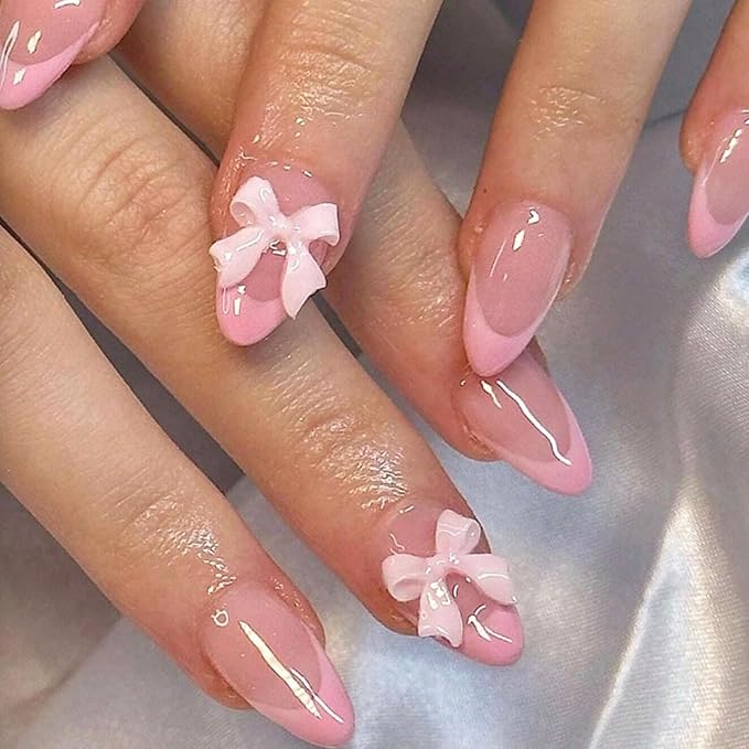 24pcs French Tip Press on Nails Short Almond Fake Nails with Charm Designs Cute Bow False Nails Full Cover Glue on Nails Pink French Tip Artificial Nails for Women Girl Nail Decoration