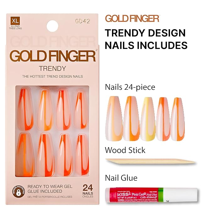 Goldfinger Trendy False Nails Kit, X-Long Coffin Design Nail, Minimal Tropical Orange & Yellow Print, Ready to Wear Gel & Manicure Stick Included, Long-Lasting Convenient & Easy to Apply