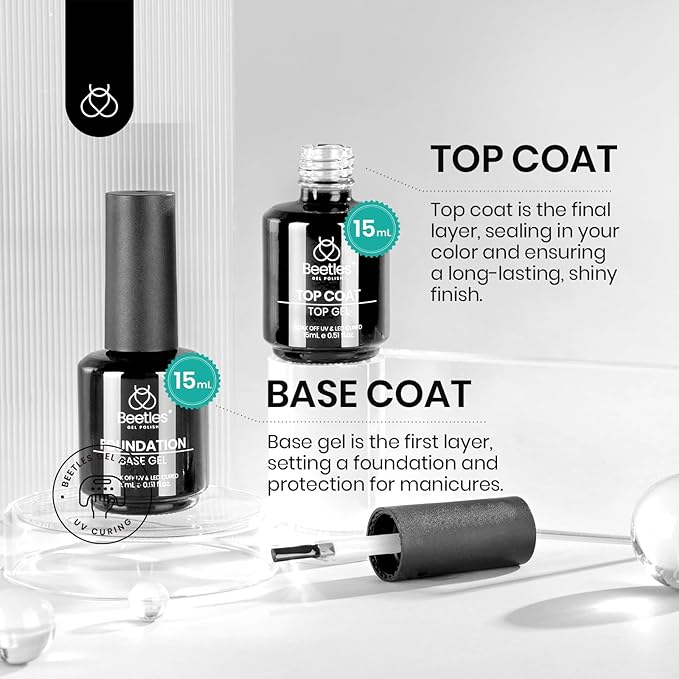 Beetles 4 Pcs 15ml Base Gel and Top Coat Kit with 20ml Nail Dehydrator and Primer, Professional Nail Prep Acid-Free & Hema-Free Dehydrate Bond Primer Set for Acrylic Manicure Gift for Women